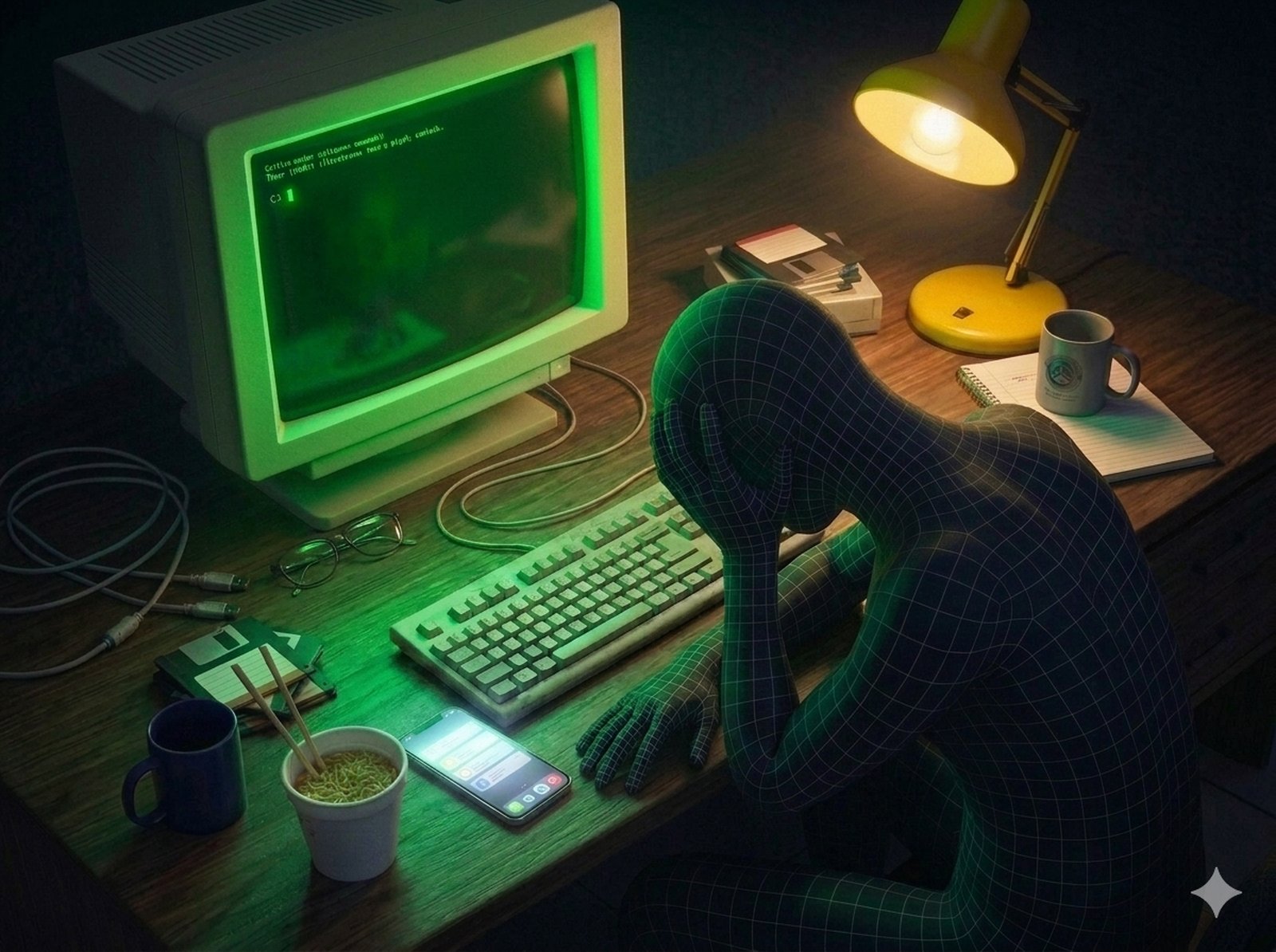 Overhead view of a faceless wireframe figure slumped exhausted over a retro desk, head resting in hand, an old CRT monitor glowing green with terminal text, a lit-up smartphone, and a cup of instant ramen nearby